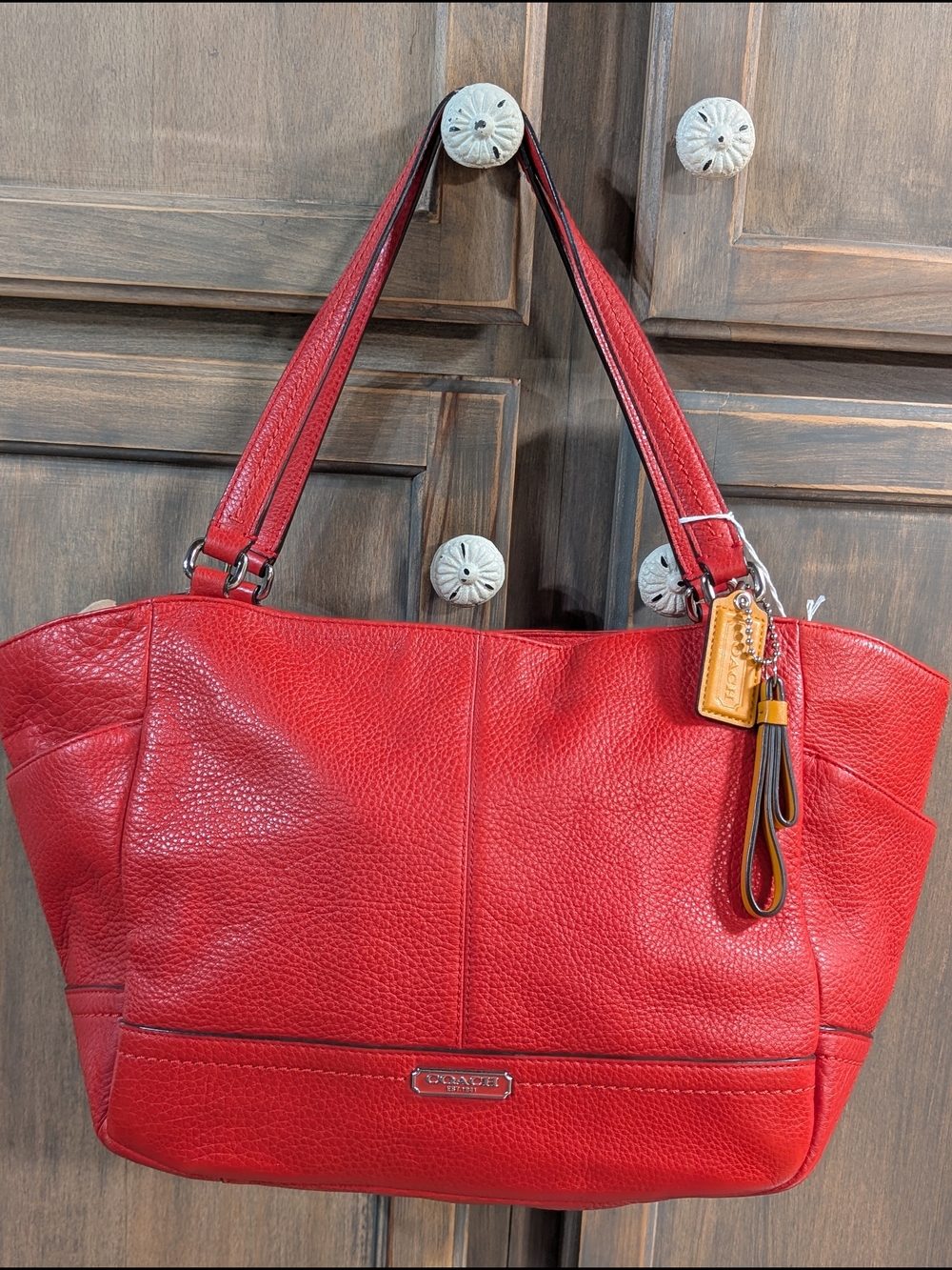 Coach Red Pebbled Leather Shoulder Tote with Hangtag Charm